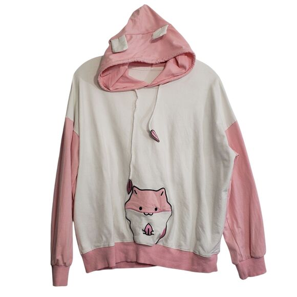 Adorable Women's Hooded Pink and White Pullover Sweater, Est. Size Medium - Picture 1 of 11